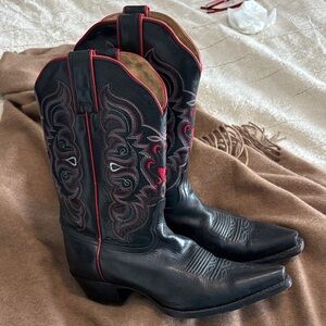 Women’s Vintage Black Leather Western Cowboy Boots with Red Accents